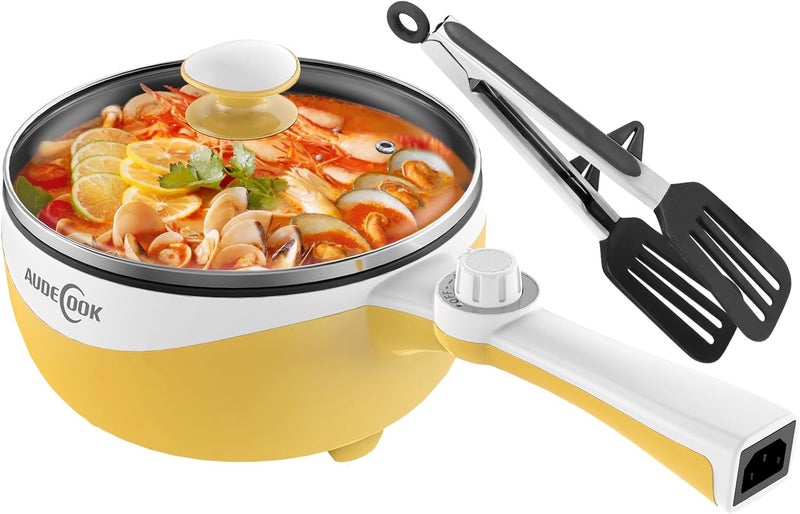 Audecook Hot Pot Electric, 1.7L Mini Electric Skillet Portable Nonstick Sauté Pan with Power Adjustment, Ramen Cooker Travel Multicooker for Steak/Soup/Egg/Oatmeal/Noodles (Tongs for Cooking Included) - Image 1